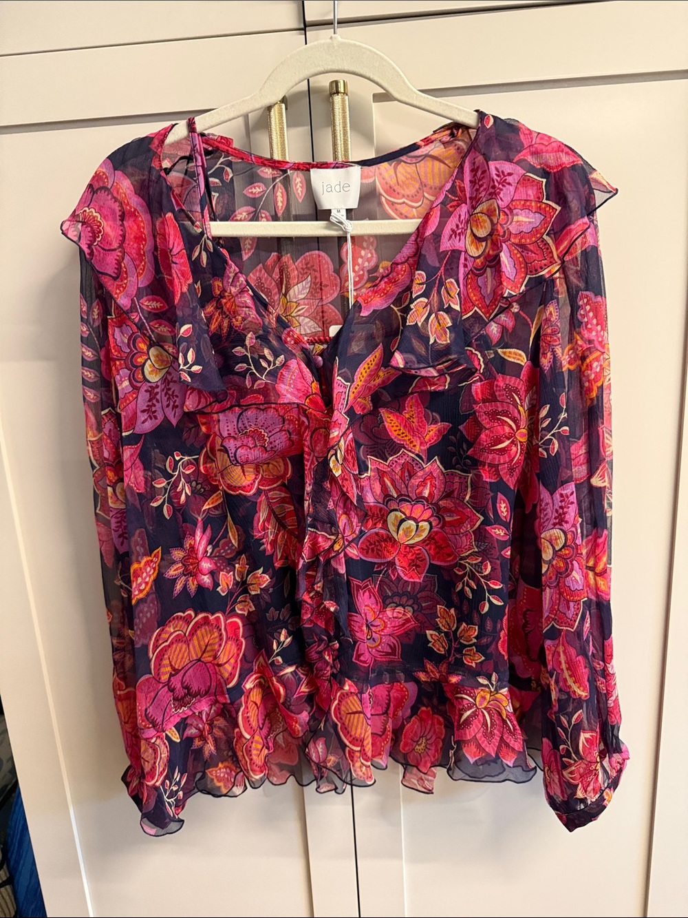 Jade Vibrant Pink Floral Ruffle Blouse on Navy